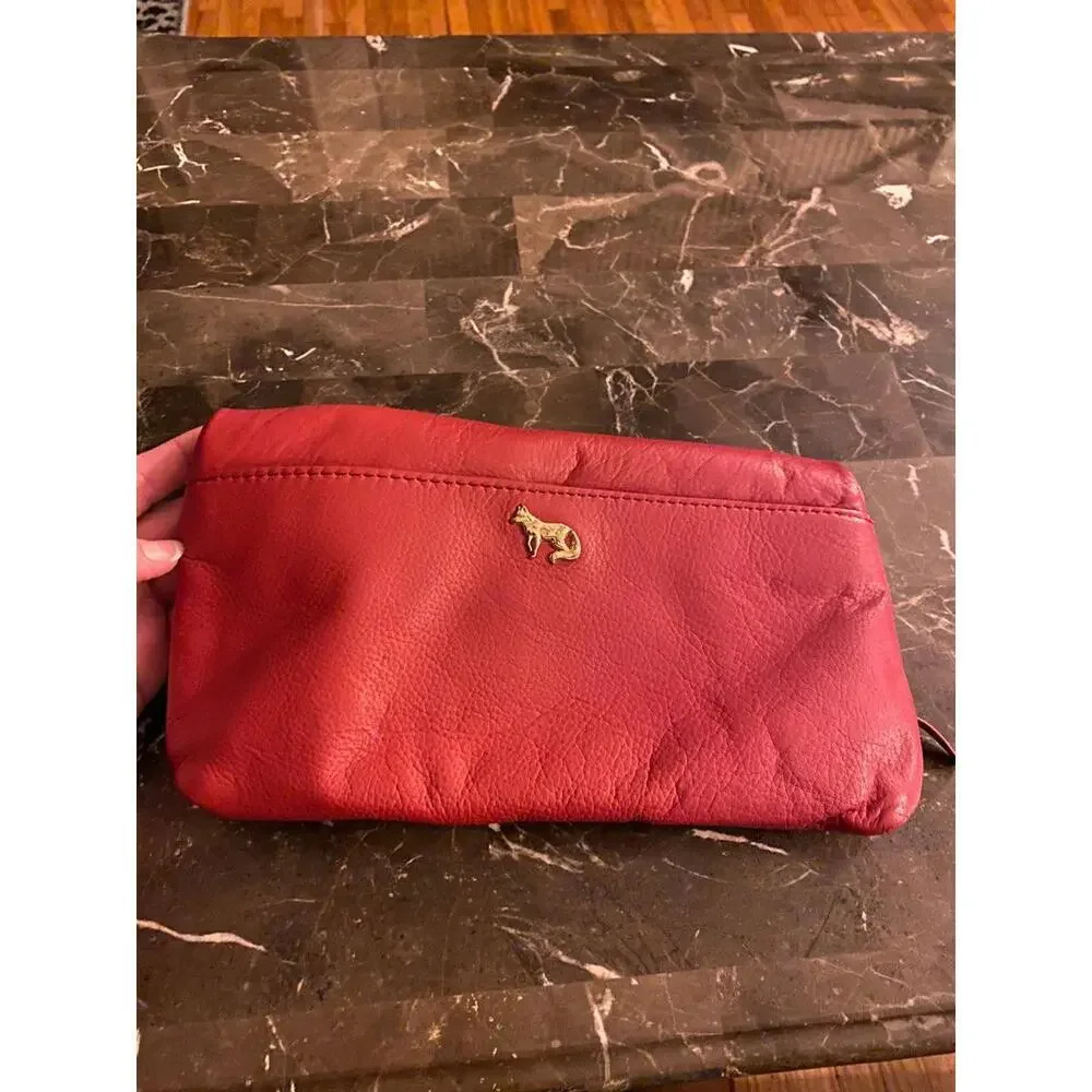 Emma Fox Red Pebbled Leather Foldover Clutch Bow Detail Floral Lining